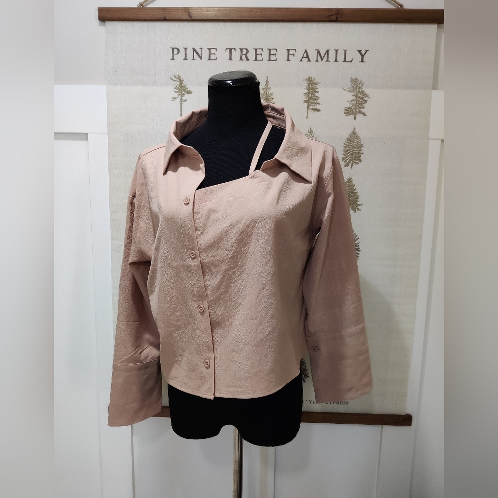 OAK + FORT Asymmetric Button-Down Crop Shirt Blush Pink Nude Small